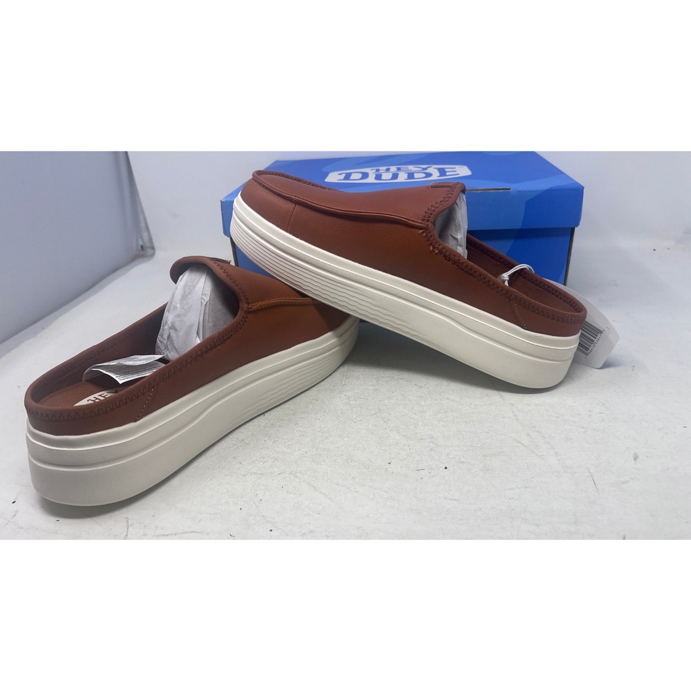Hey Dude Austin Lift Cognac Brown Faux Leather Platform Mules Mens 9 Womens 11 - Picture 6 of 9